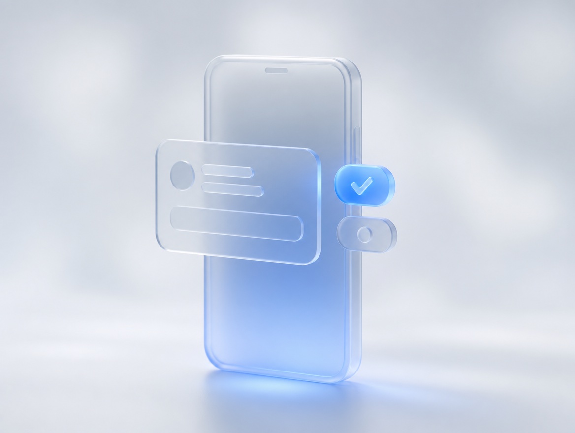 A glass phone with an approval card and approve/deny pills floating above it
