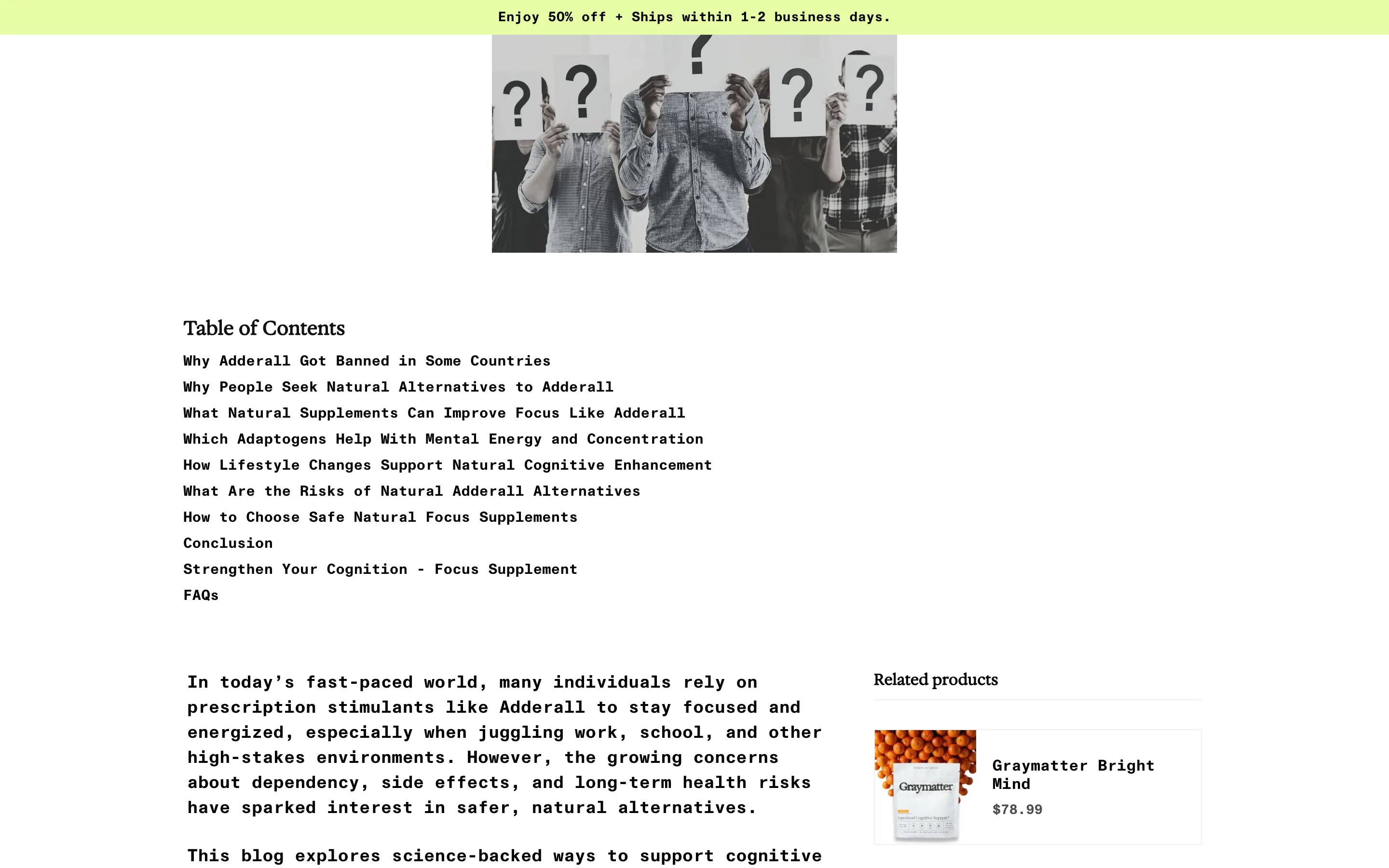 An educational article page with a table of contents and a related-products sidebar showing the brand product and price
