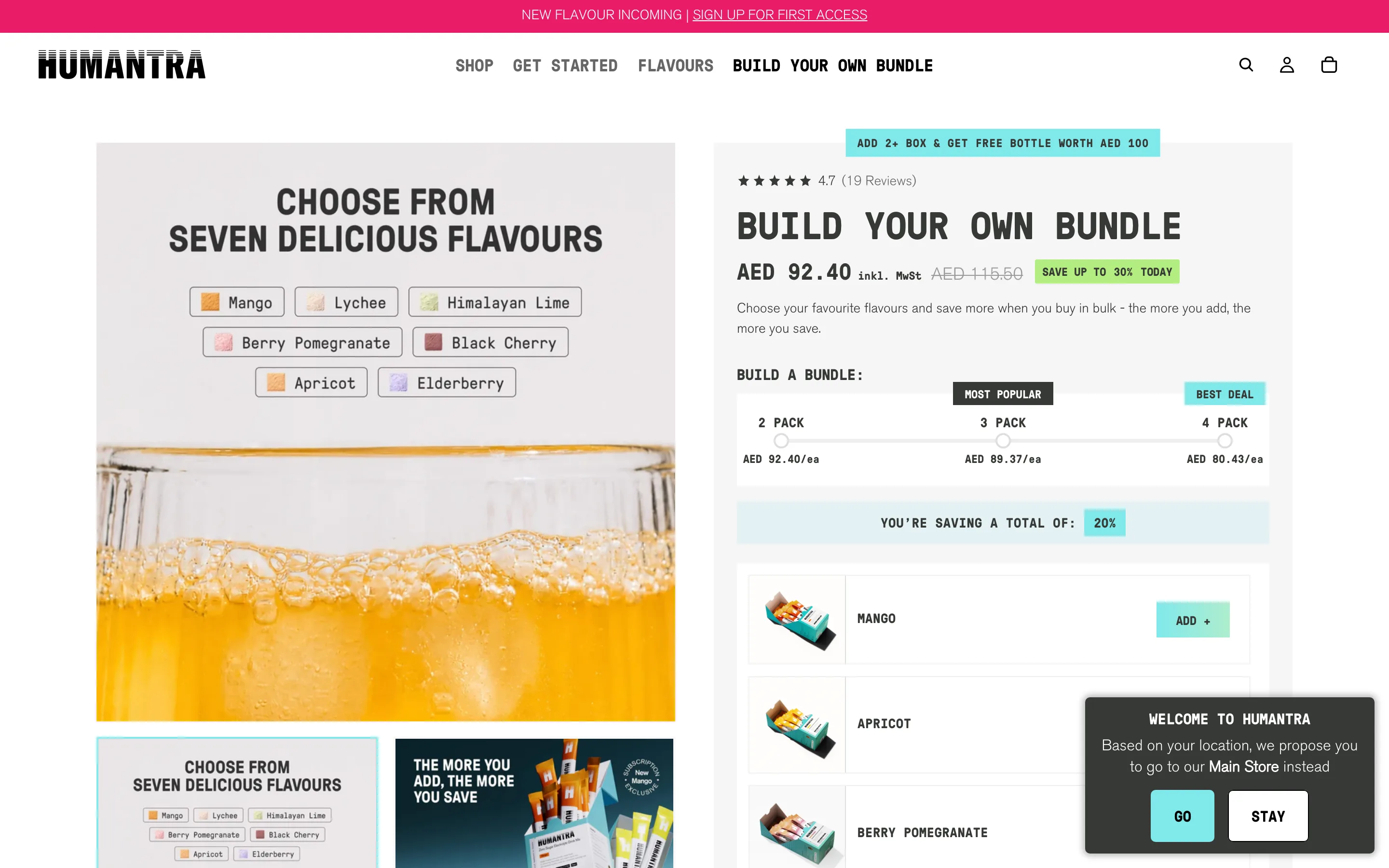 A build-your-own-bundle builder with a pack-size slider (2, 3, 4 pack), per-unit pricing, a running savings total, and a list of items with Add buttons