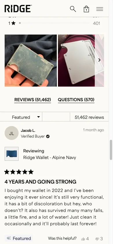 Mobile reviews section showing a horizontally scrollable strip of customer-submitted photos above the written review list
