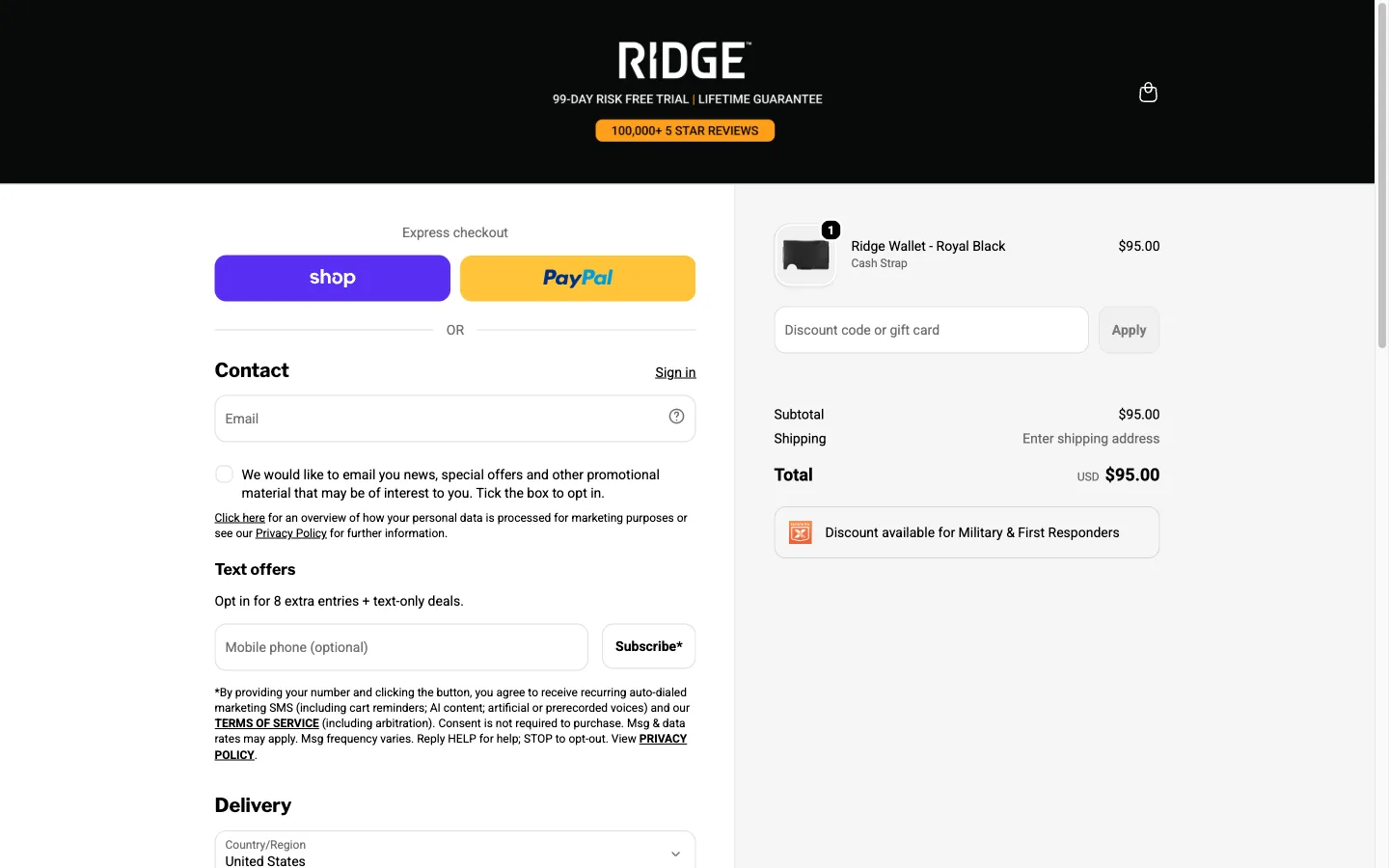 First checkout screen showing a guest email field as the primary path, with sign-in offered as a secondary, smaller link