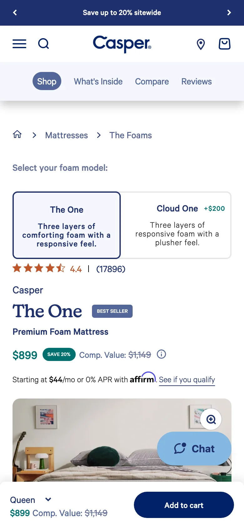 A mobile product page with the variant selector shown as full-width chips with large tap targets instead of a small dropdown