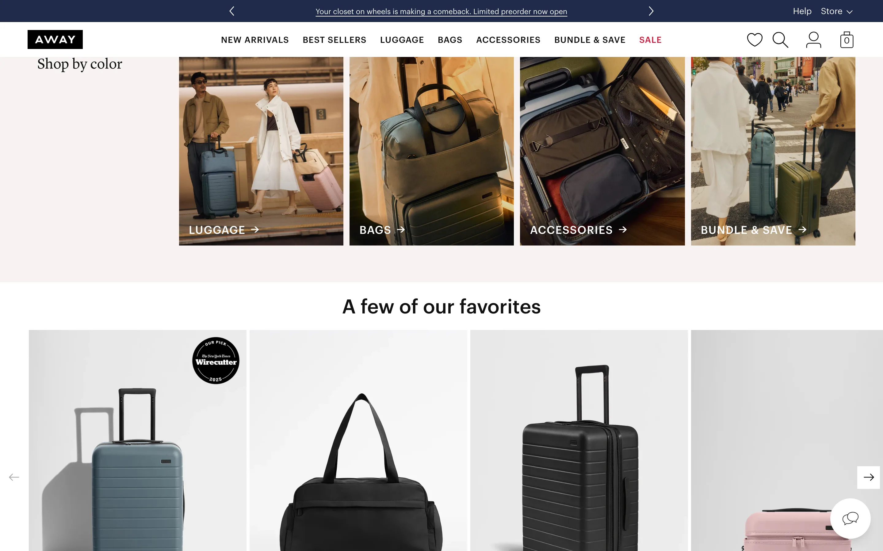 Homepage bestseller carousel showing a round press award badge overlaid on a product photo