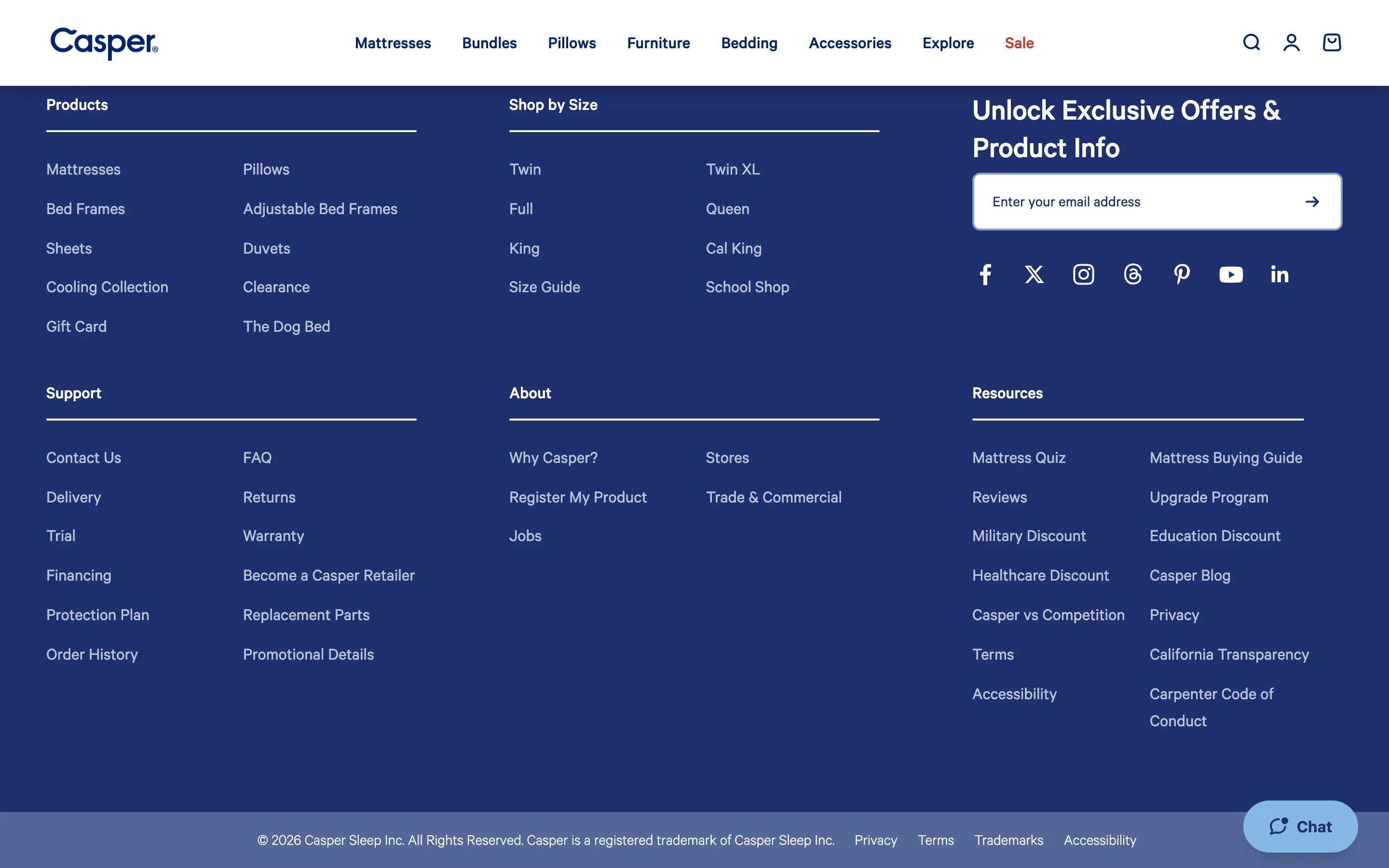 Footer showing a Shop by Size column with direct links for Twin, Full, Queen, King and Cal King