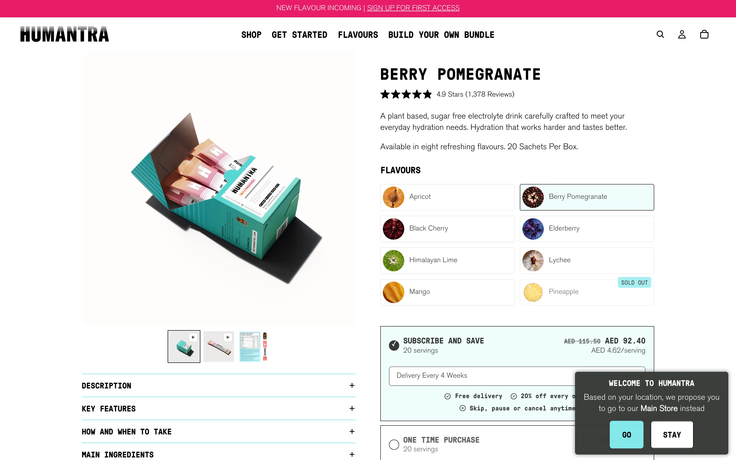 A row of flavour chips with thumbnail swatches shown near the top of the product page